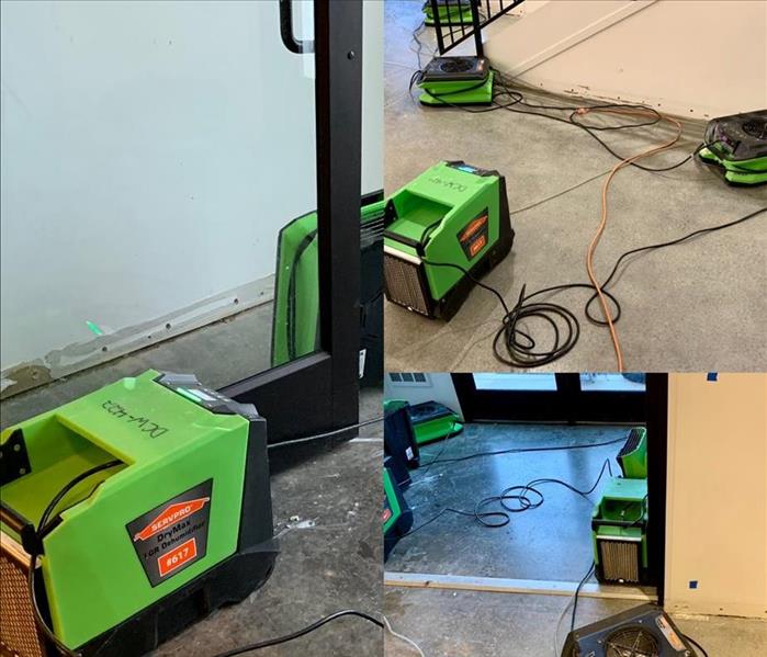 collage of servpro green air movers and humidifiers in a commercial space that had water damage from frozen pipes