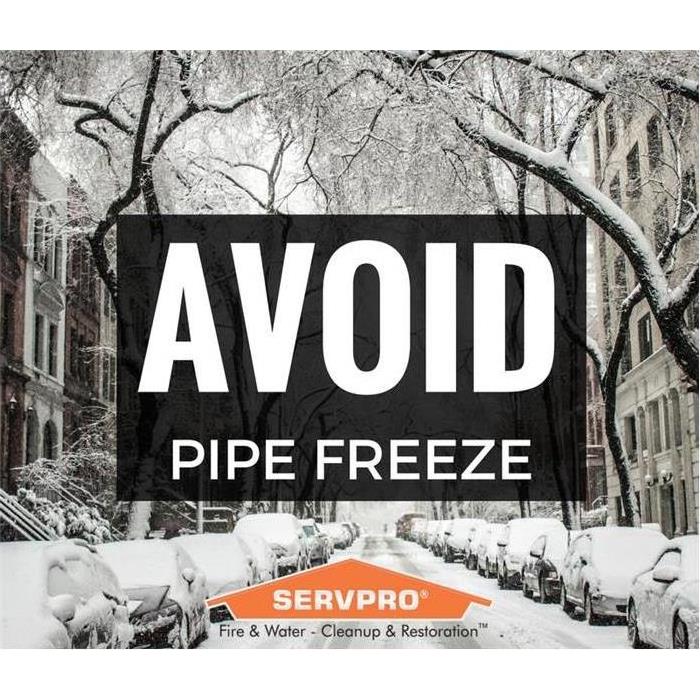 a snowy backdrop with a SERVRPRO logo and title saying "Avoid Pipe Freeze"