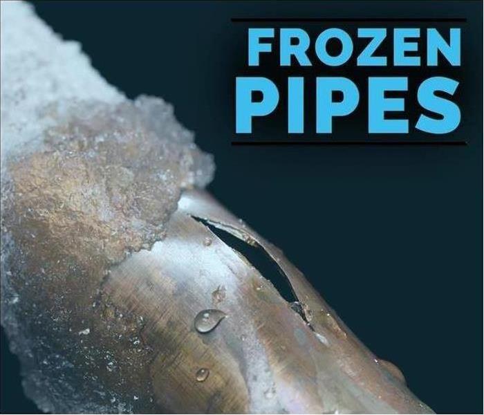 an image of a frozen and broken pipe with title Frozen Pipes