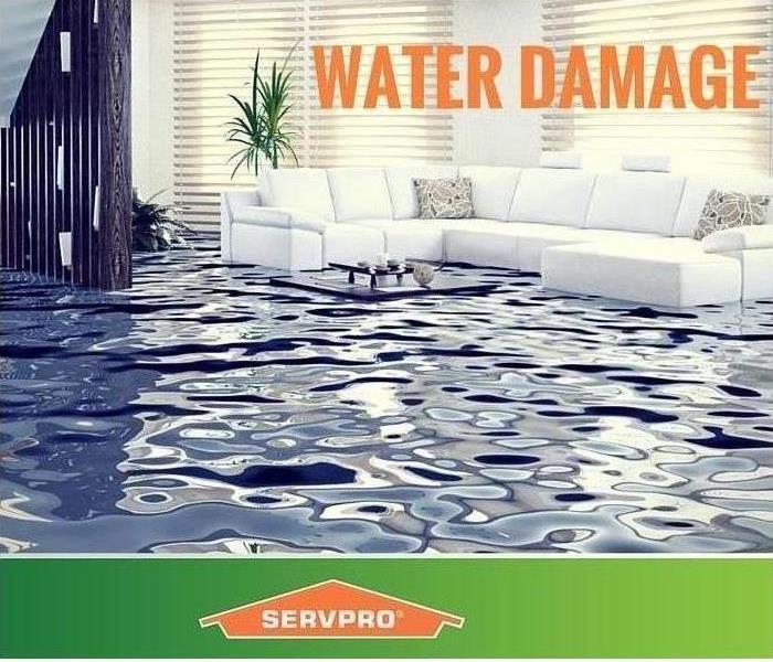 a flooded family room with a floating couch with SERVPRO house logo