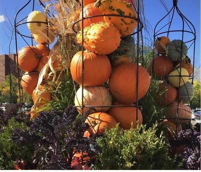 three garden wire towers filled with gourds and pumpkins 
