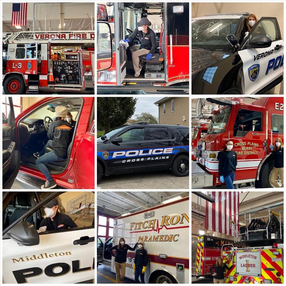 a collage of 9 pictures of SERVPRO professionals sanitizing police squad cars, fire trucks and EMS