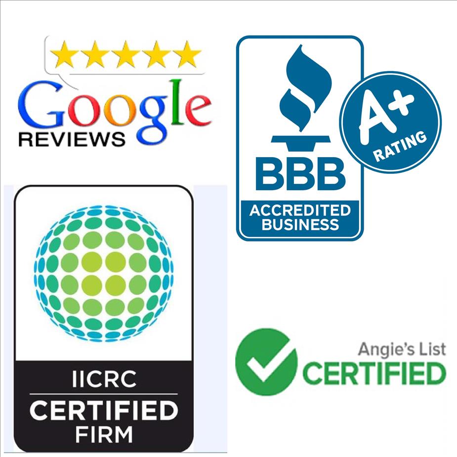 google 5-star logo, BBB A+ logo, IICRC Certified Firm logo, Angie's List Certified logo