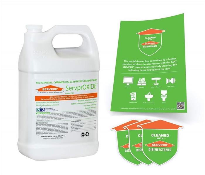 a bottle of ServpOXIDE with SERVPRO sanitized decals