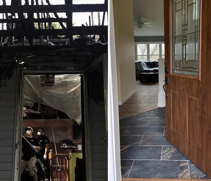 a side by side comparison of a house that was ravaged by fire and then rebuilt