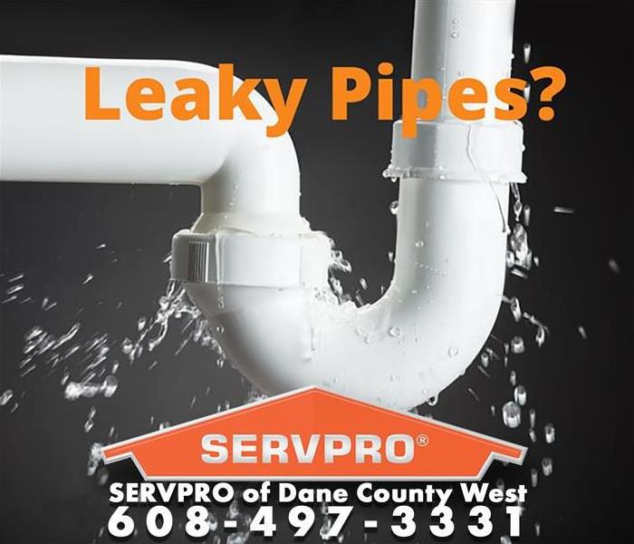 water leaking from a pvc pipe with title "Leaky Pipe?" Call SERVPRO of Dane County West