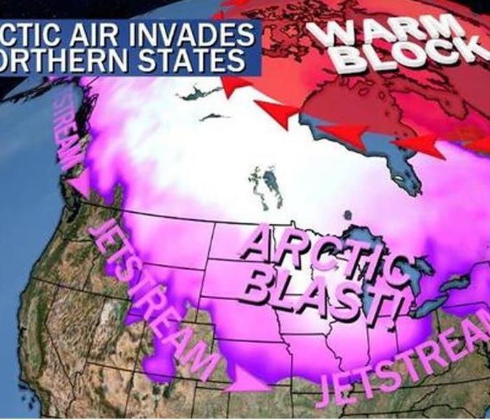 image of north America detailing polar vortex with logo stating artic air invades northern states with artic blast Jetstream