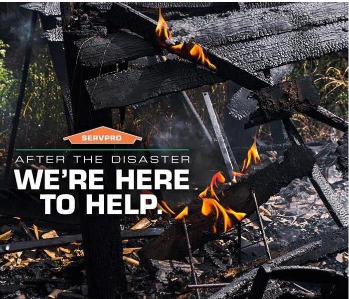 fire damage background with title saying We're Here to Help 